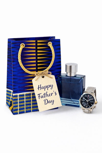 Royal blue, blue, black, white, & gold extra small gift bag with product ideas to gift on the side on a white background