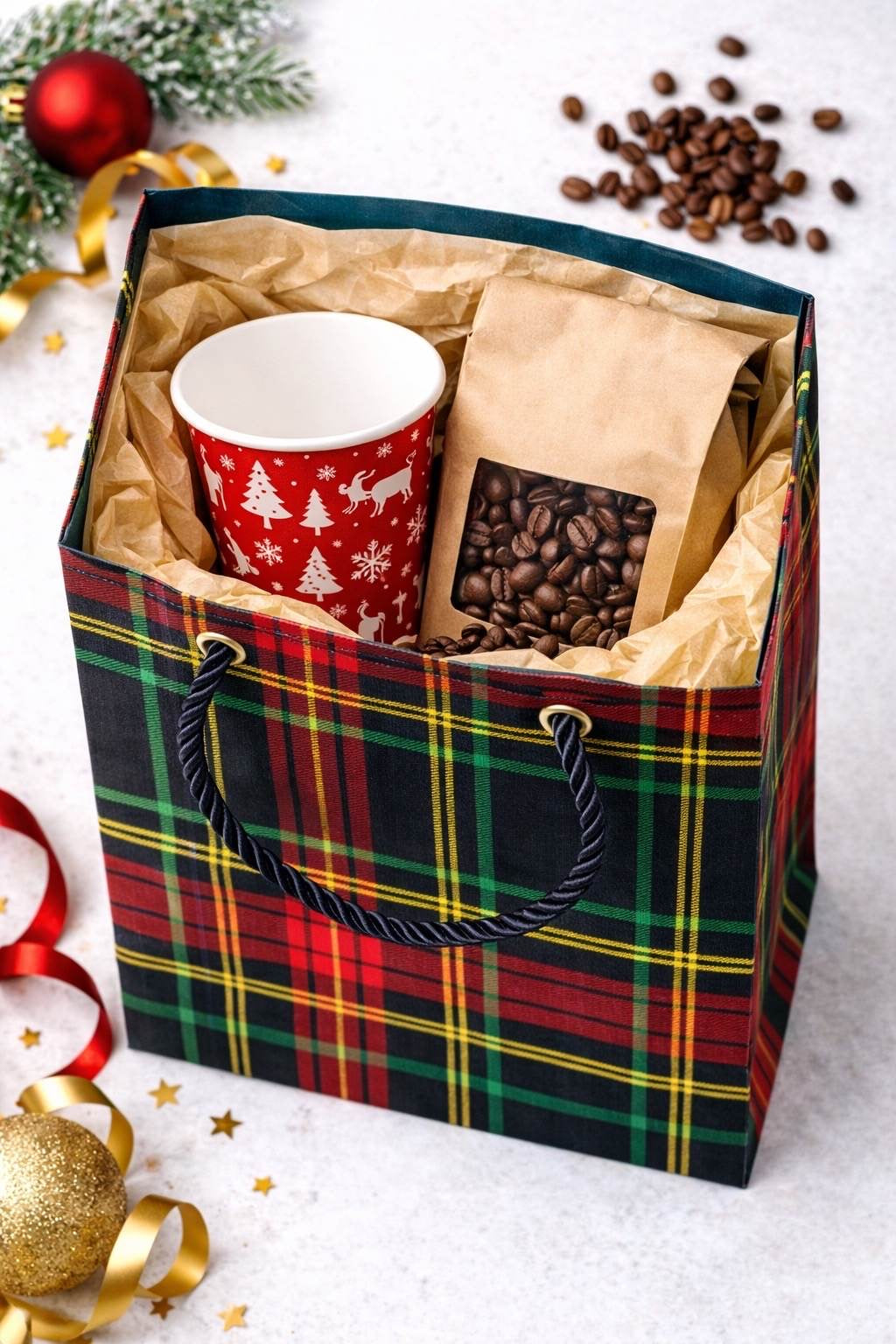 Black, red, green, & gold extra small gift bag with product ideas inside the bag on a white background