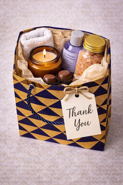 Gold, dark blue, & brown extra small gift bag with product ideas inside the bag 