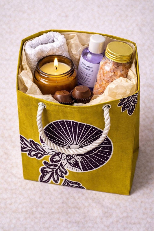 Olive green, dark brown, & white extra small gift bag with product ideas inside the bag on a white background