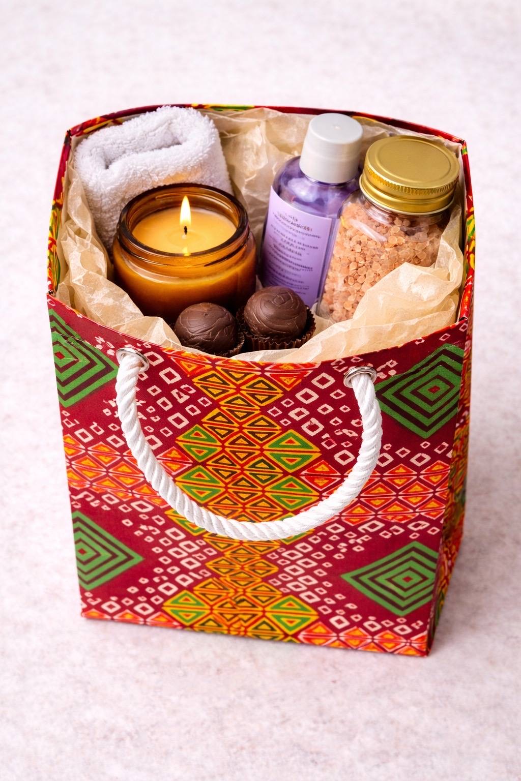Red, orange, yellow, green, & white extra small gift bag with product ideas inside the bag on a white background