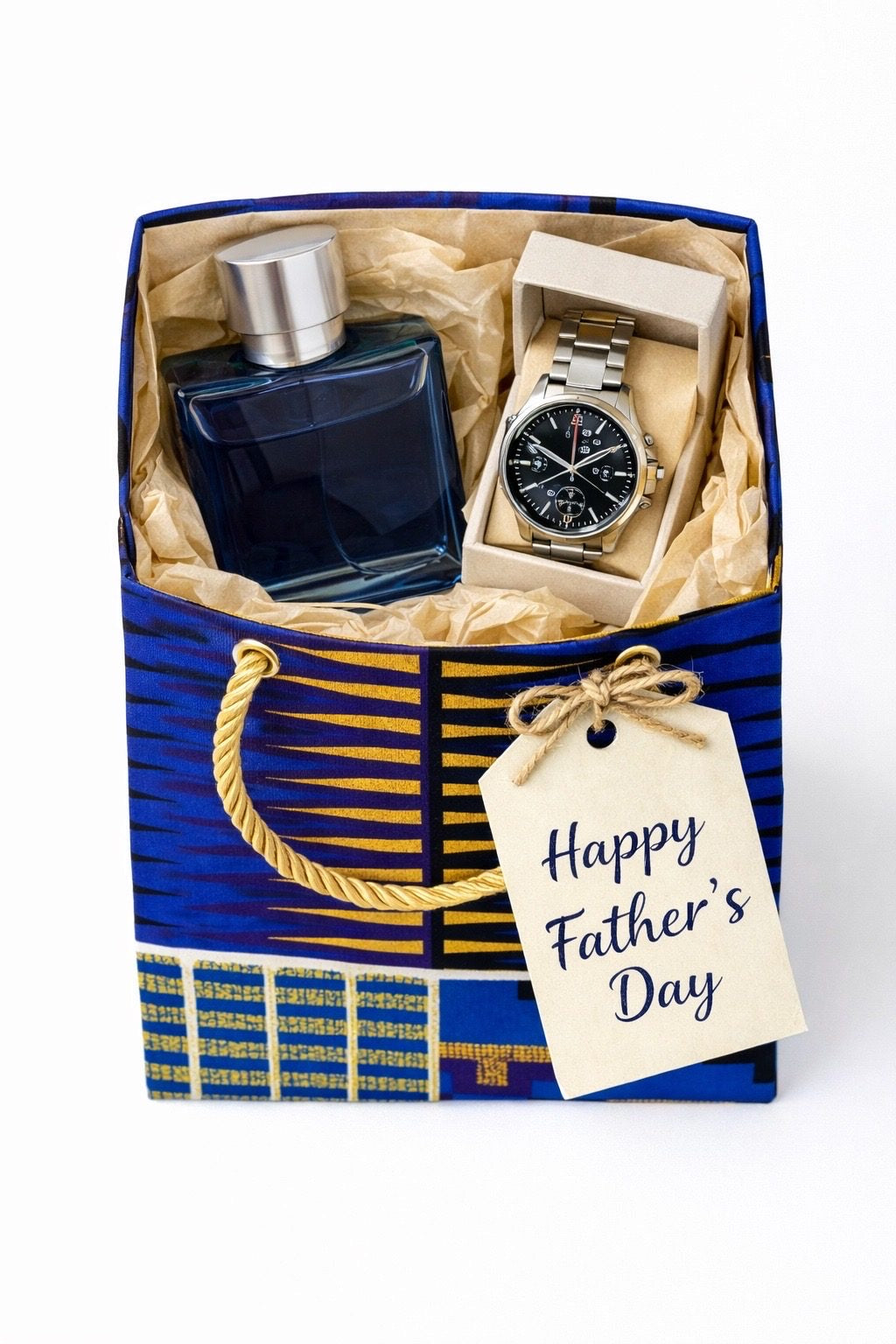 Royal blue, blue, black, white, & gold extra small gift bag with product ideas inside the bag on a white background