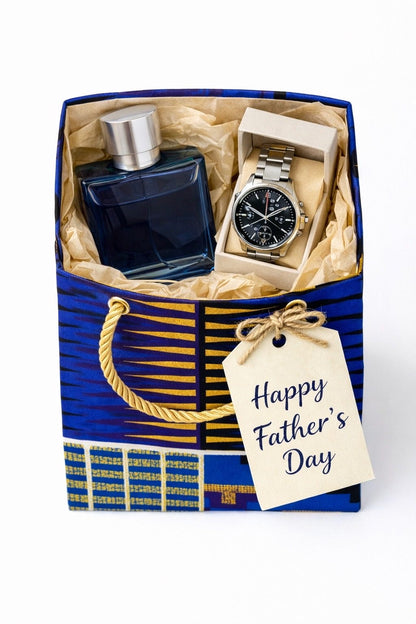 Royal blue, blue, black, white, & gold extra small gift bag with product ideas inside the bag on a white background