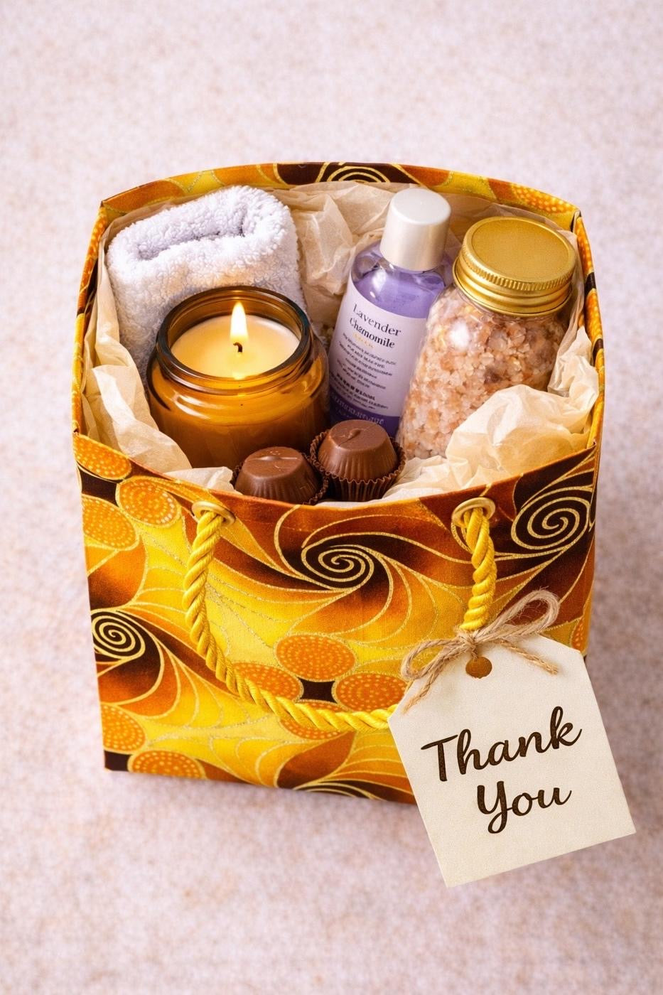 Yellow, brown, orange, & gold extra small gift bag with product ideas inside the bag on a white background