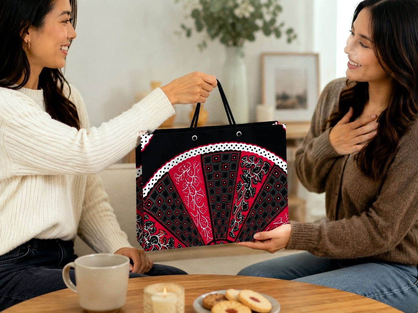 Two women sitting at a table with a decorative black, fuchsia, and white bag between them, in a cozy indoor setting.