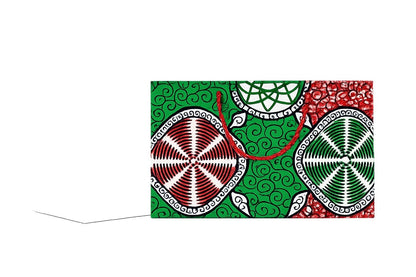 Decorative gift bag with green, red, and white patterns on a white background
