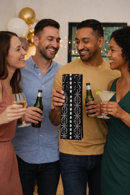 Four people with a black and white wine gift bag enjoying drinks together with festive balloons in the background