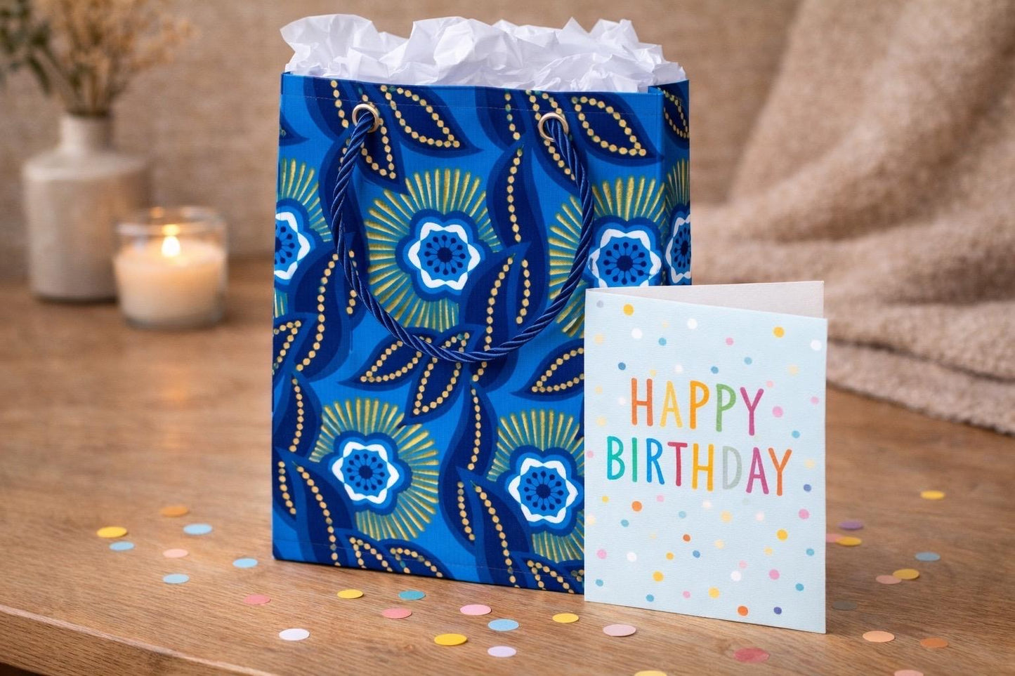 African Wax Print Mini Gift Bag - Dark Blue Blue White Gold | Reusable Fabric Gift Wrap | Gezia Accents