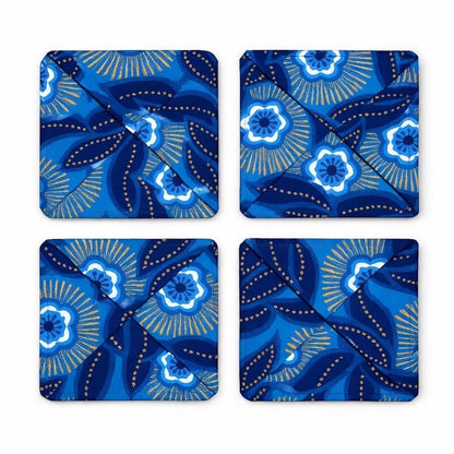 African Wax Print Wine & Coaster Gift Bundle | Dark Blue, White & Gold | Includes Gift Tags & Tissue Paper