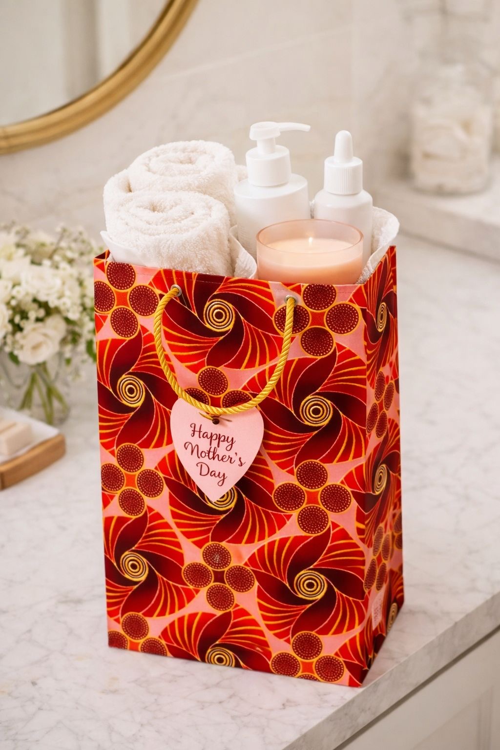 African Wax Print Gift Bag | Red, Maroon, Pink & Gold | Mini to Medium