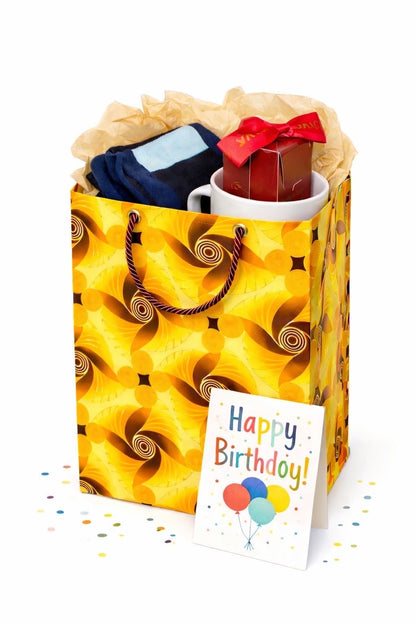 African Wax Print Mini Small Extra Small Medium Gift Bags - Yellow Orange Brown Gold | Reusable Fabric Gift Wrap | Gezia Accents
