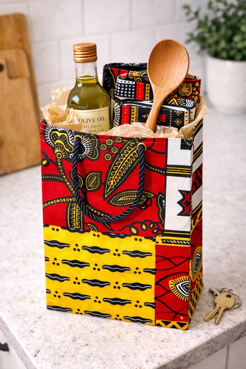 Ethnic, Fabric, Patterned, Handmade White, Red, Yellow, and Black Small Bag