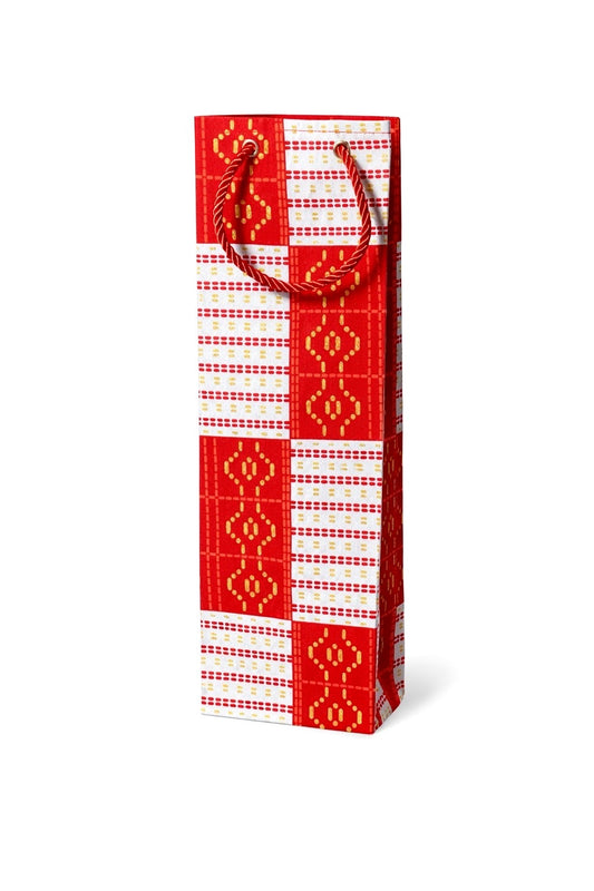 Ethnic, Fabric, Patterned, Handmade Red White and Gold Wine Gift Bag