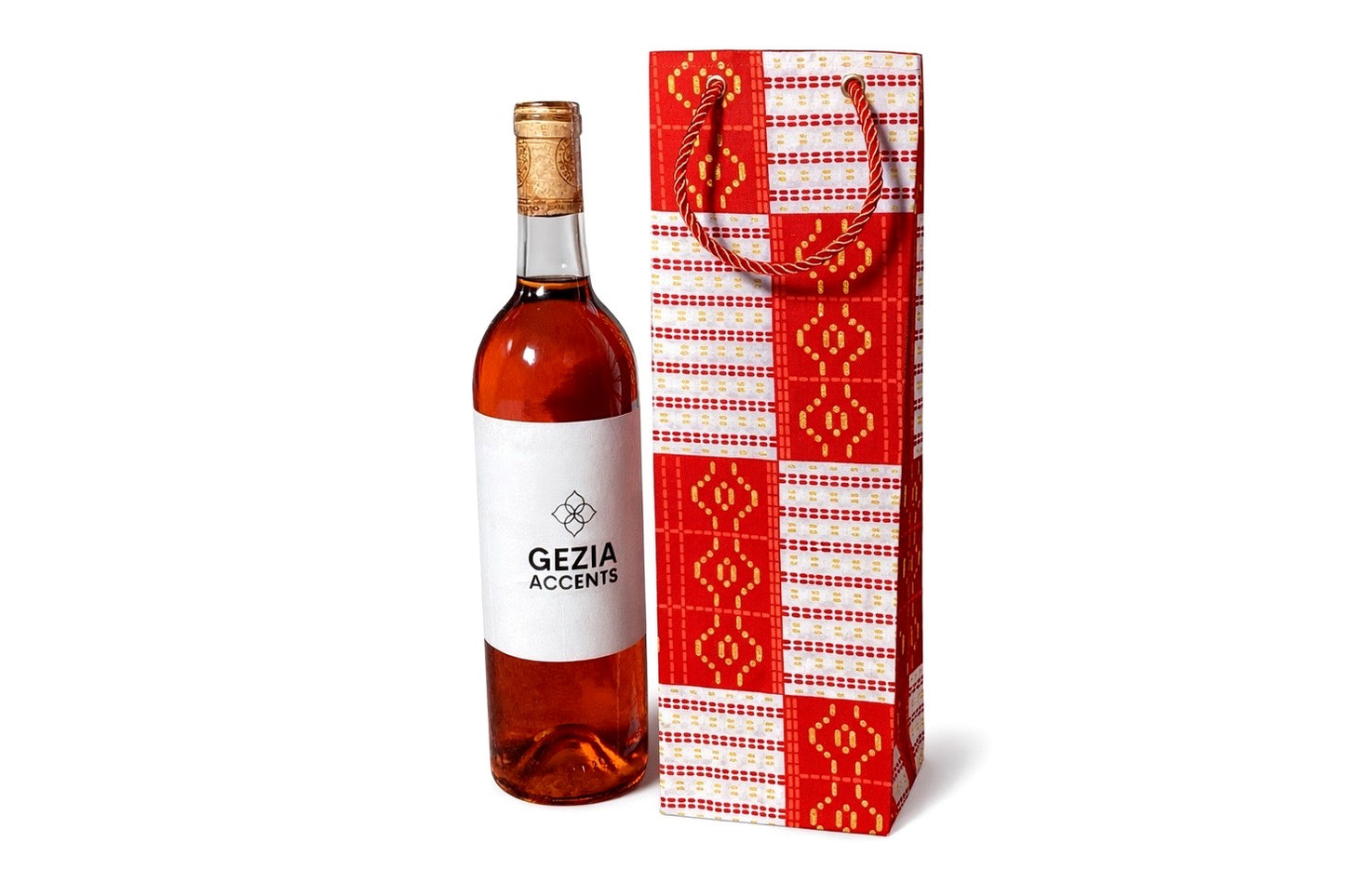 Ethnic, Fabric, Patterned, Handmade Red White and Gold Wine Gift Bag