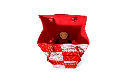 Ethnic, Fabric, Patterned, Handmade Red White and Gold Wine Gift Bag