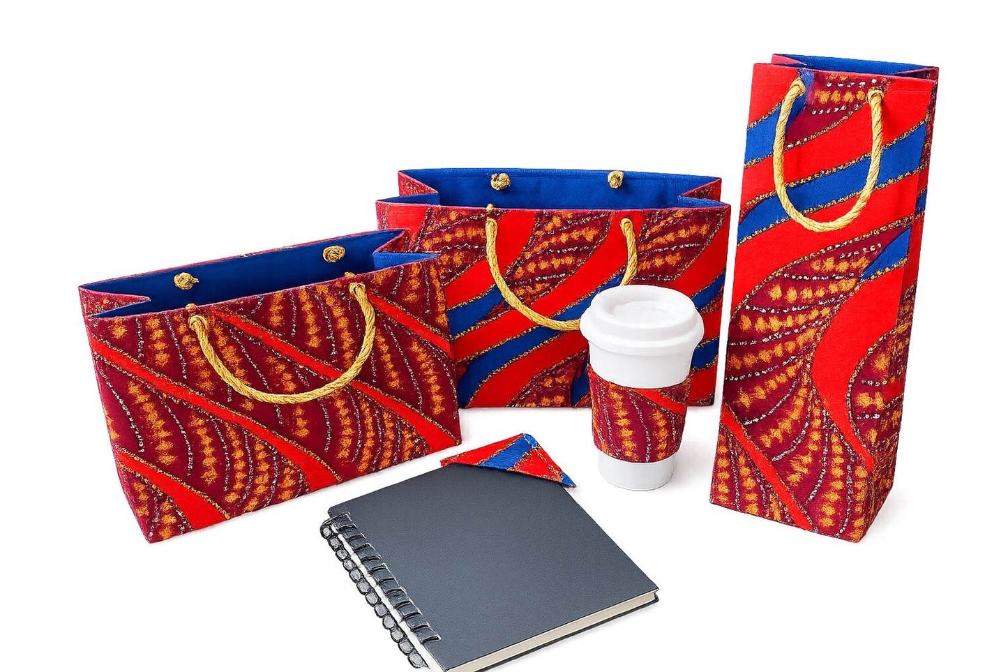 African Wax Print Mini Gift Bag - Maroon Orange Black White | Reusable Fabric Gift Wrap | Gezia Accents