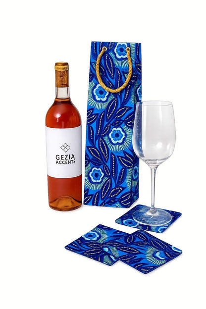 African Wax Print Wine & Coaster Gift Bundle | Dark Blue, White & Gold | Includes Gift Tags & Tissue Paper