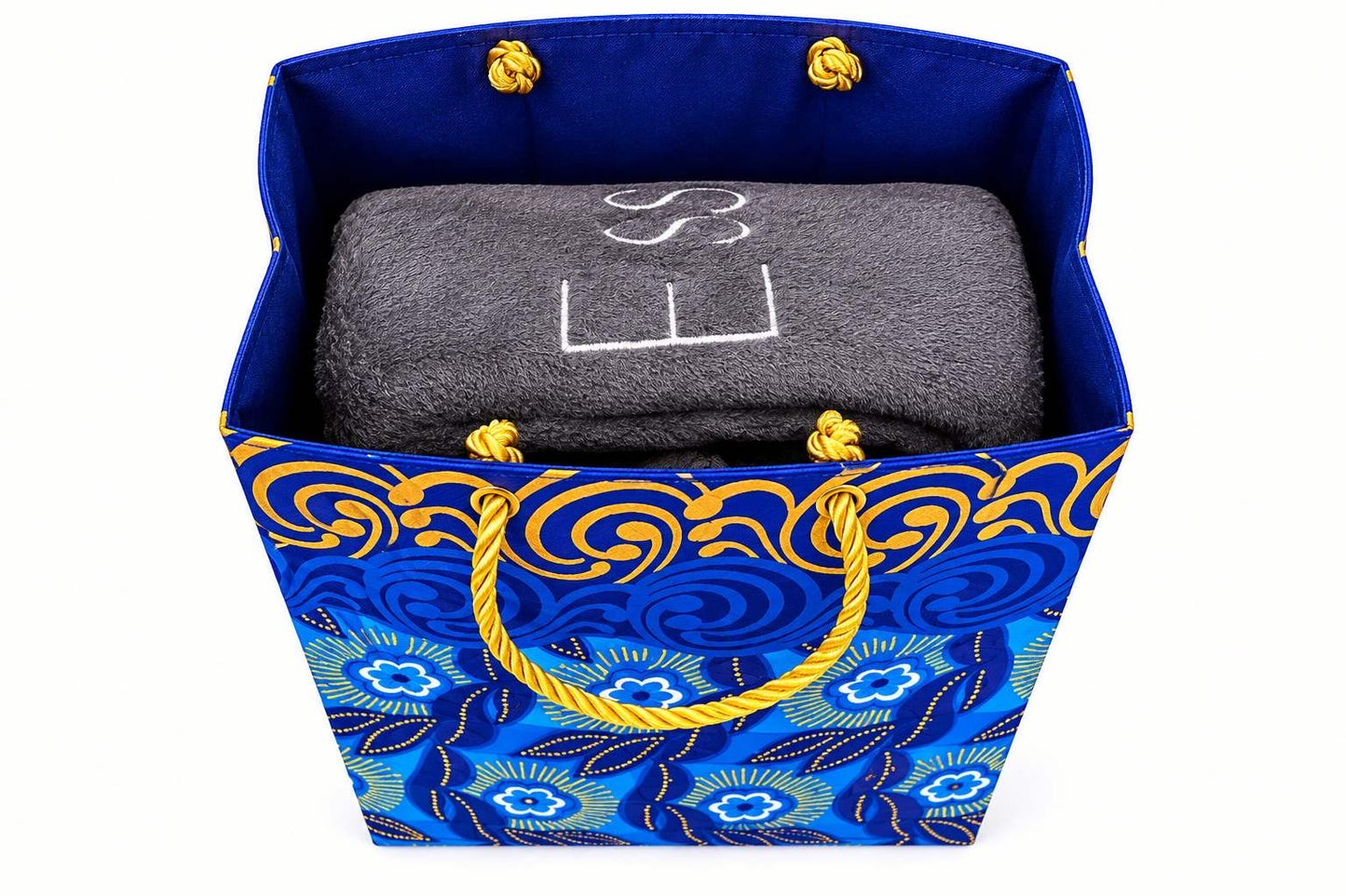 African Wax Print Mini Gift Bag - Dark Blue Blue White Gold | Reusable Fabric Gift Wrap | Gezia Accents
