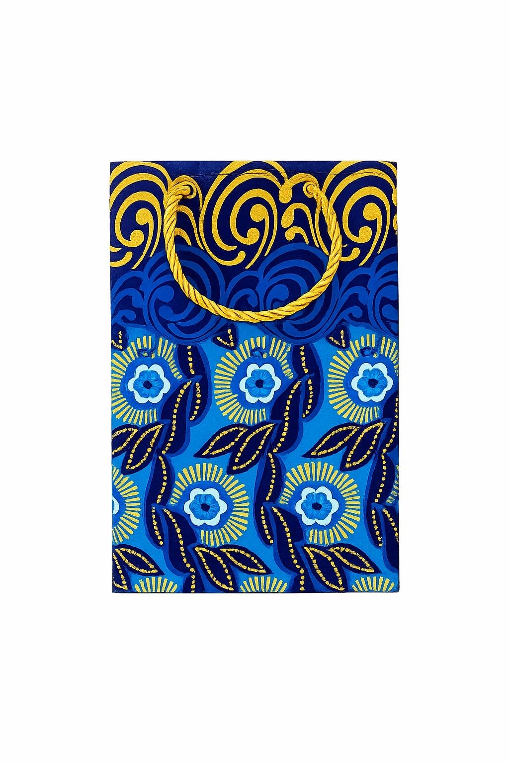 African Wax Print Mini Gift Bag - Dark Blue Blue White Gold | Reusable Fabric Gift Wrap | Gezia Accents