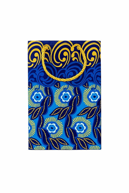 African Wax Print Mini Gift Bag - Dark Blue Blue White Gold | Reusable Fabric Gift Wrap | Gezia Accents