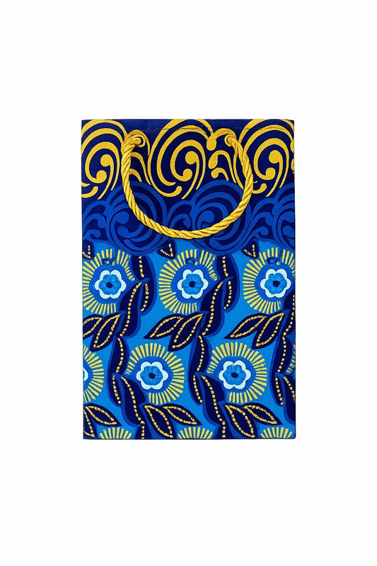 African Wax Print Mini Gift Bag - Dark Blue Blue White Gold | Reusable Fabric Gift Wrap | Gezia Accents