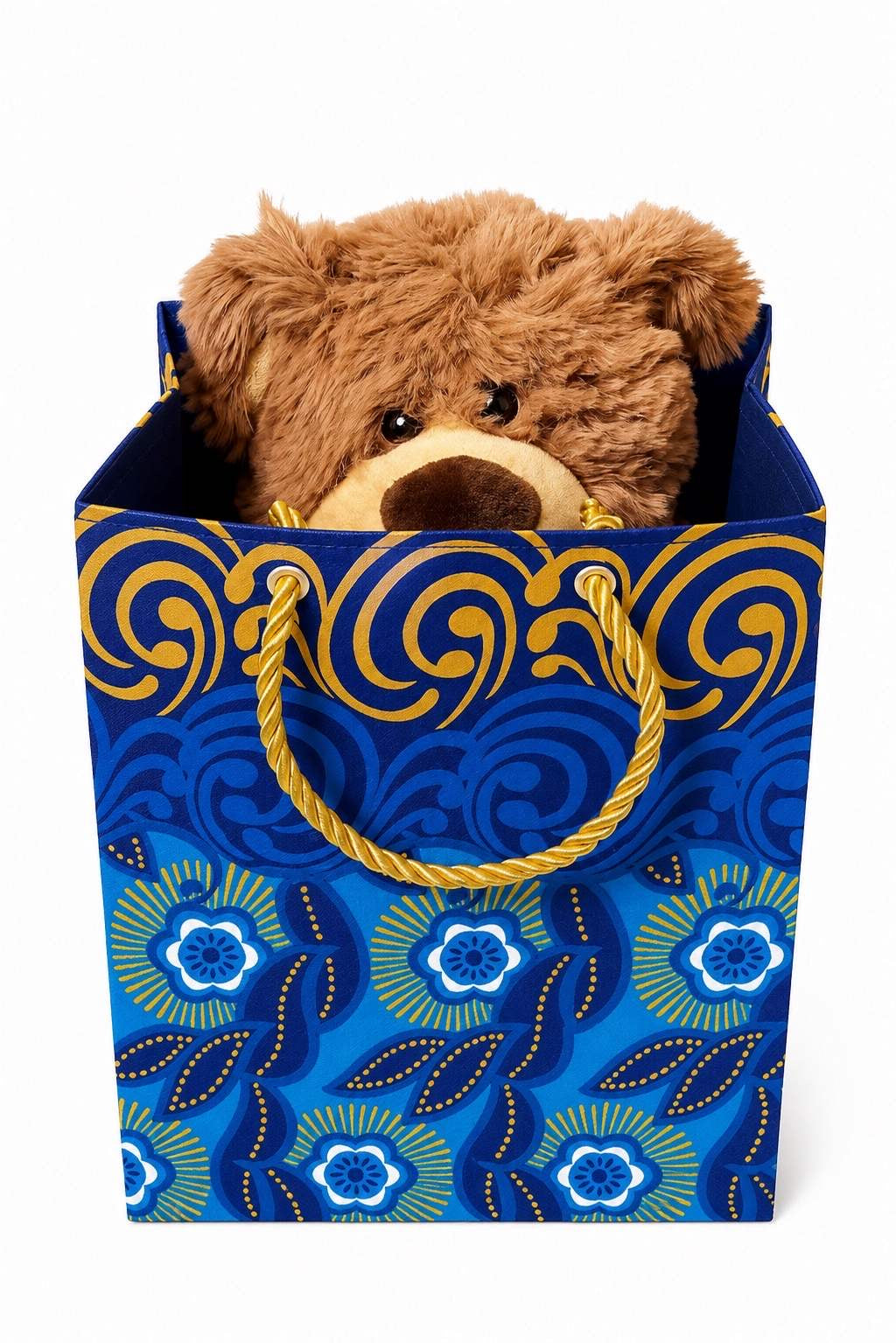African Wax Print Mini Gift Bag - Dark Blue Blue White Gold | Reusable Fabric Gift Wrap | Gezia Accents