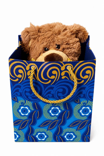 African Wax Print Mini Gift Bag - Dark Blue Blue White Gold | Reusable Fabric Gift Wrap | Gezia Accents
