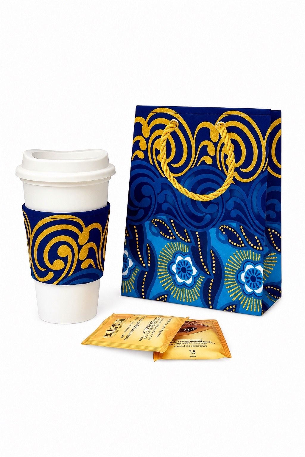 African Wax Print Mini Gift Bag - Dark Blue Blue White Gold | Reusable Fabric Gift Wrap | Gezia Accents