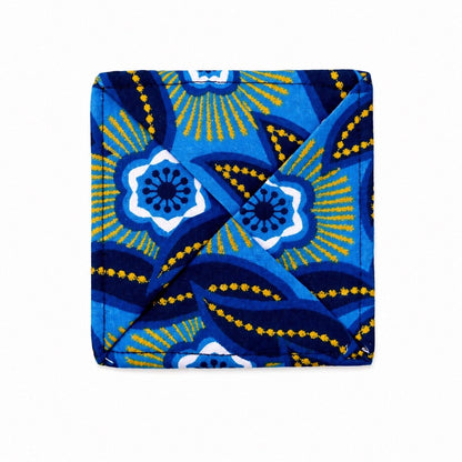 African Wax Print Wine & Coaster Gift Bundle | Dark Blue, White & Gold | Includes Gift Tags & Tissue Paper