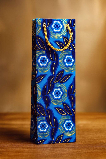 African Wax Print Wine & Coaster Gift Bundle | Dark Blue, White & Gold | Includes Gift Tags & Tissue Paper