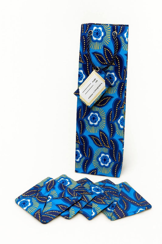 African Wax Print Wine & Coaster Gift Bundle | Dark Blue, White & Gold | Includes Gift Tags & Tissue Paper