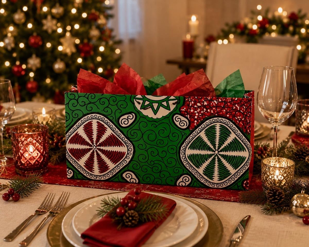 Handmade African Wax Print Medium Gift Bag | Red, Green, Black & White