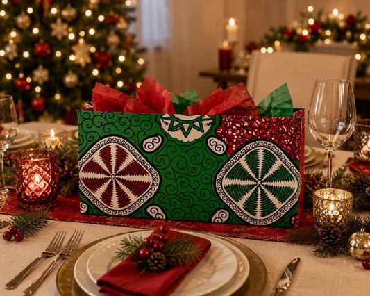Handmade African Wax Print Medium Gift Bag | Red, Green, Black & White