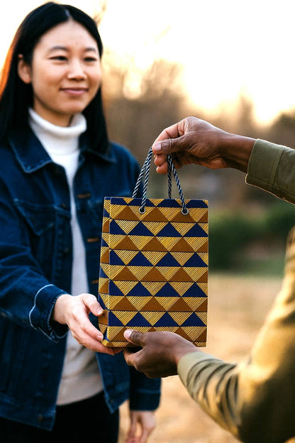African Wax Print Gift Bag | Gold, Dark Blue & Brown | Mini to Medium