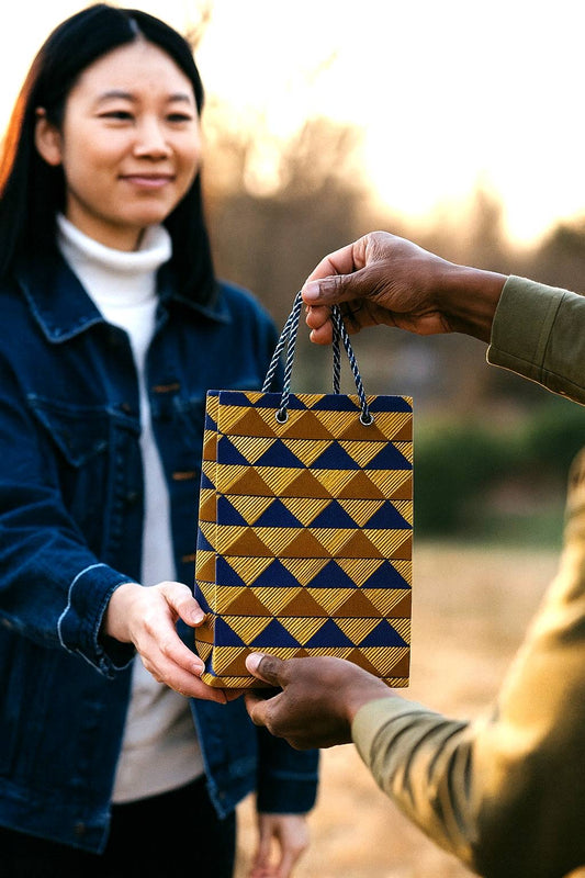 African Wax Print Gift Bag | Gold, Dark Blue & Brown | Mini to Medium