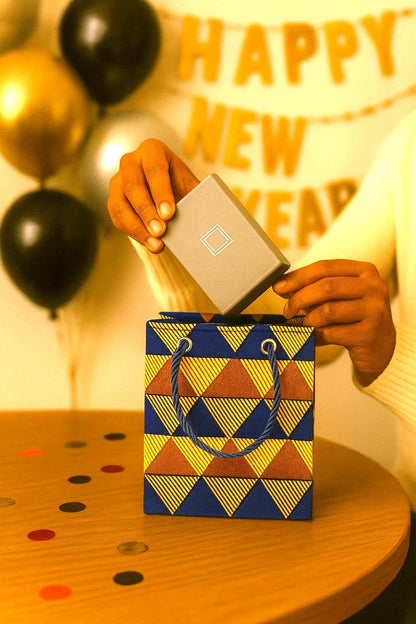 African Wax Print Gift Bag | Gold, Dark Blue & Brown | Mini to Medium