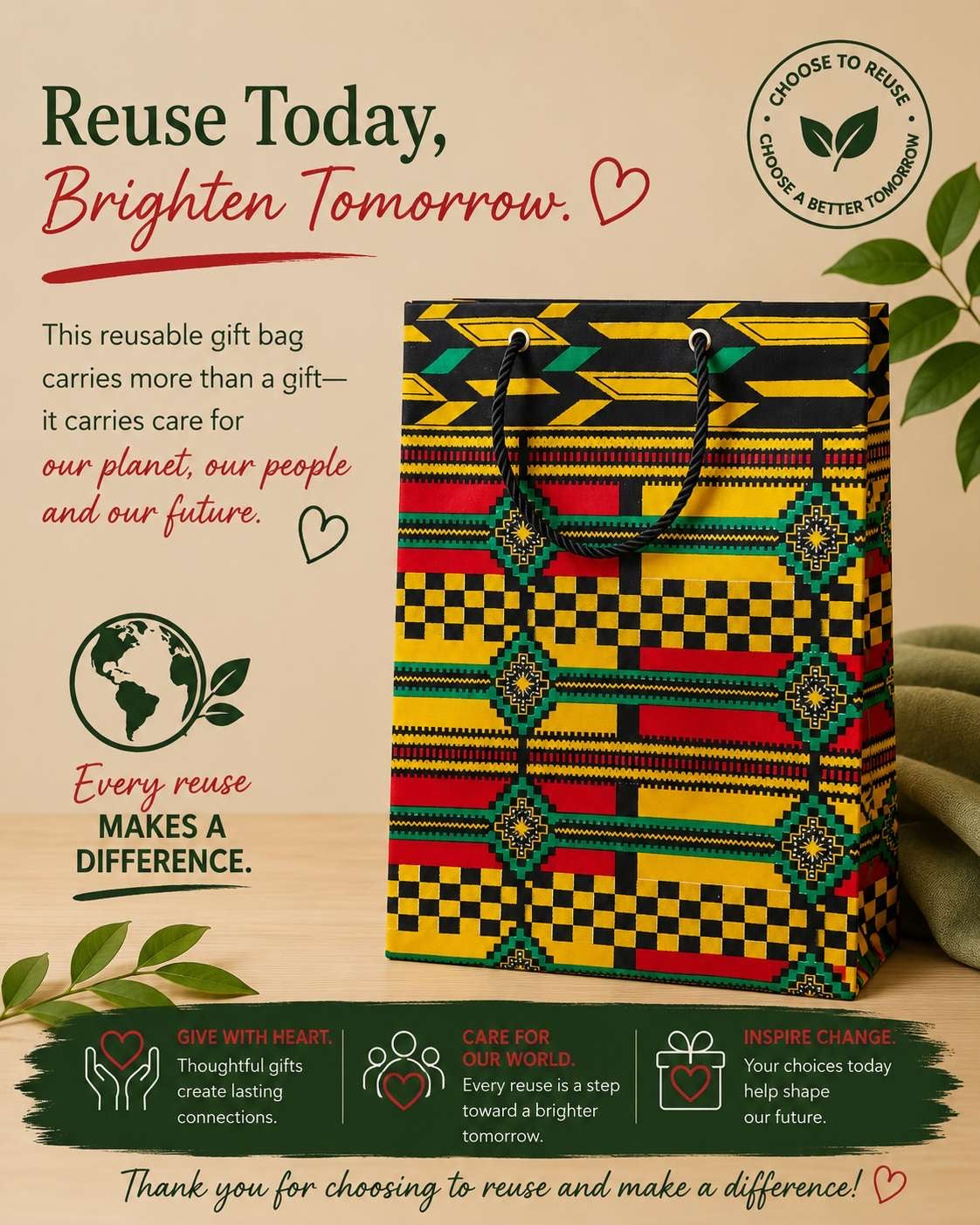 African Wax Print Extra Small Gift Bag - Yellow Red Green Black Gold | Reusable Fabric Gift Wrap | Gezia Accents