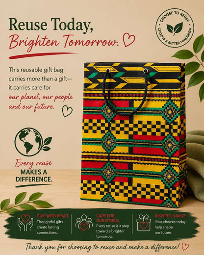 African Wax Print Extra Small Gift Bag - Yellow Red Green Black Gold | Reusable Fabric Gift Wrap | Gezia Accents