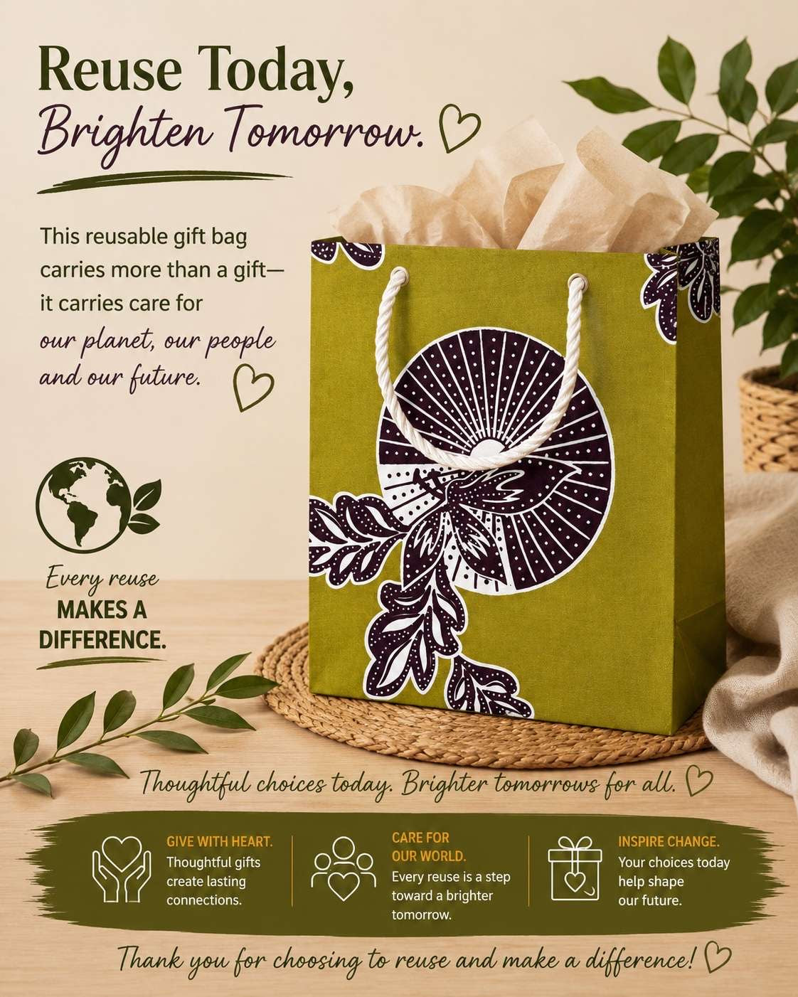 African Wax Print Extra Small Gift Bag - Olive Green Dark Brown White | Reusable Fabric Gift Wrap | Gezia Accents