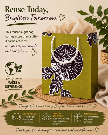 African Wax Print Extra Small Gift Bag - Olive Green Dark Brown White | Reusable Fabric Gift Wrap | Gezia Accents