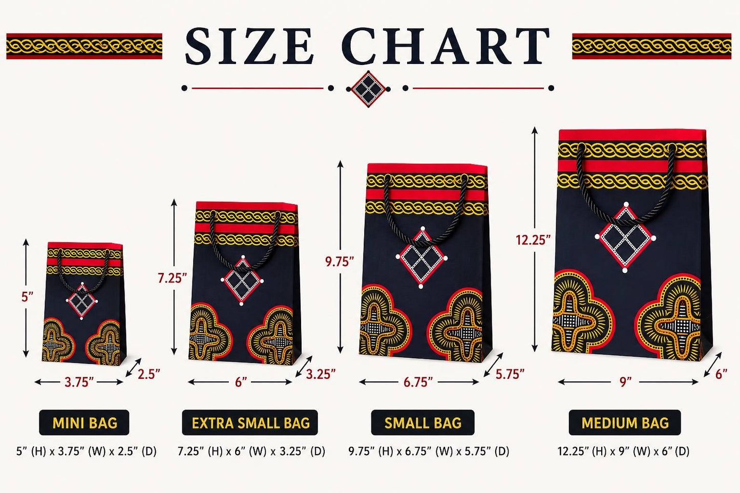 African Wax Print Gift Bag | Red, Black & Gold | Mini to Medium