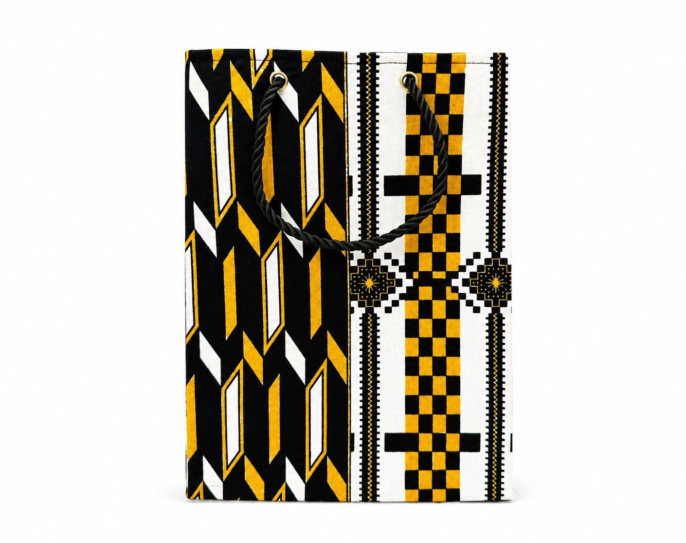 African Wax Print Extra Small Gift Bag - White Black Gold | Reusable Fabric Gift Wrap | Gezia Accents | Mini to Medium