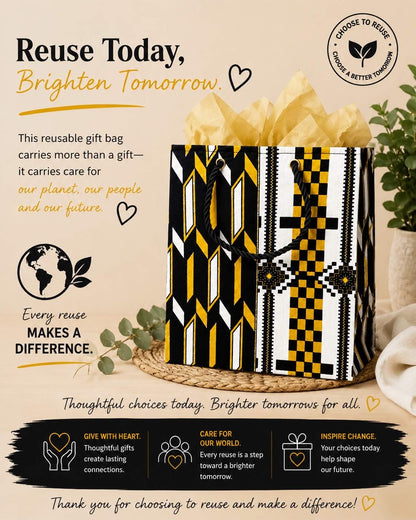 African Wax Print Extra Small Gift Bag - White Black Gold | Reusable Fabric Gift Wrap | Gezia Accents | Mini to Medium