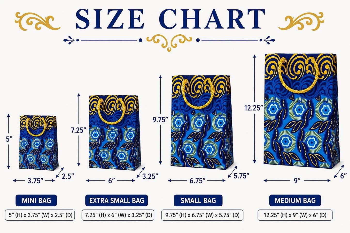 African Wax Print Mini Gift Bag - Dark Blue Blue White Gold | Reusable Fabric Gift Wrap | Gezia Accents