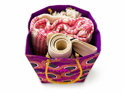 Ethnic, Fabric, Patterned, Handmade Purple, Black, White and Gold Small Bag
