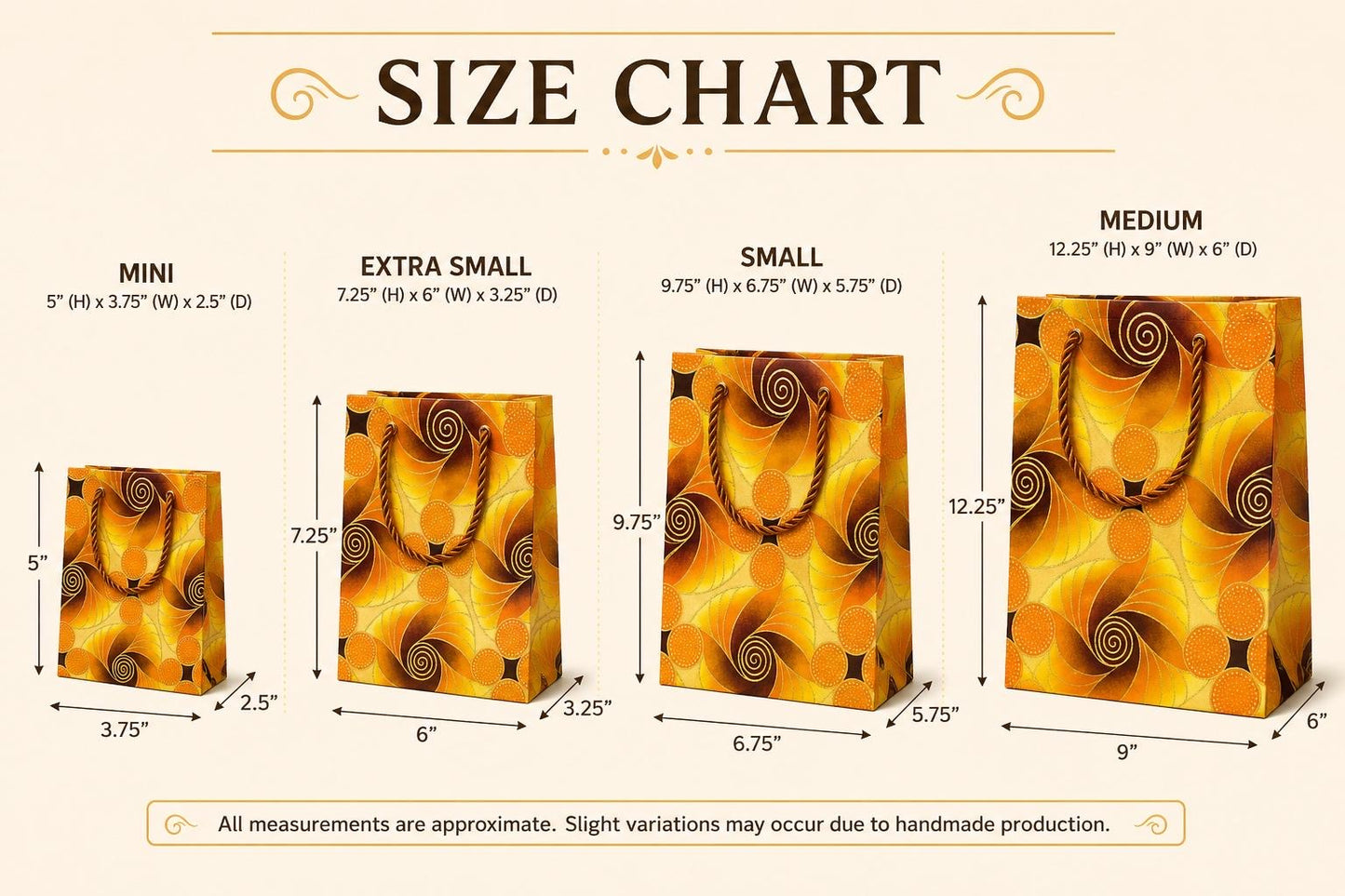 African Wax Print Mini Small Extra Small Medium Gift Bags - Yellow Orange Brown Gold | Reusable Fabric Gift Wrap | Gezia Accents