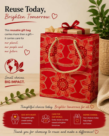 African Wax Print Mini, Extra Small, Small, Medium Gift Bag - Red Maroon Gold | Reusable Fabric Gift Wrap | Gezia Accents