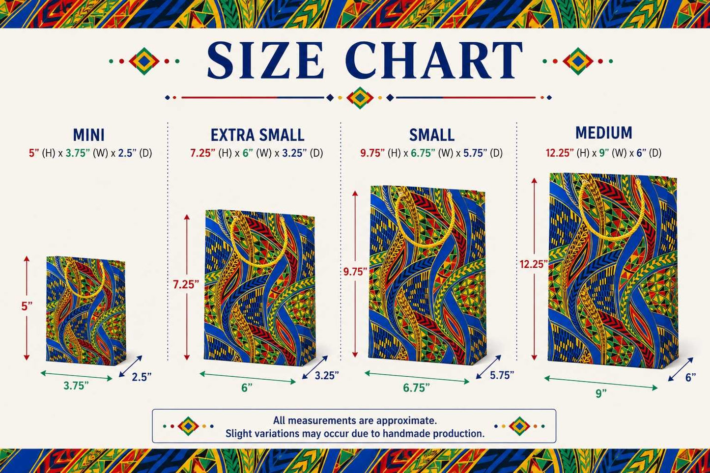 African Wax Print Mini, Extra Small, Small, Medium Gift Bag - Royal Blue Green Red Orange Yellow Black Gold | Reusable Fabric Gift Wrap | Gezia Accents