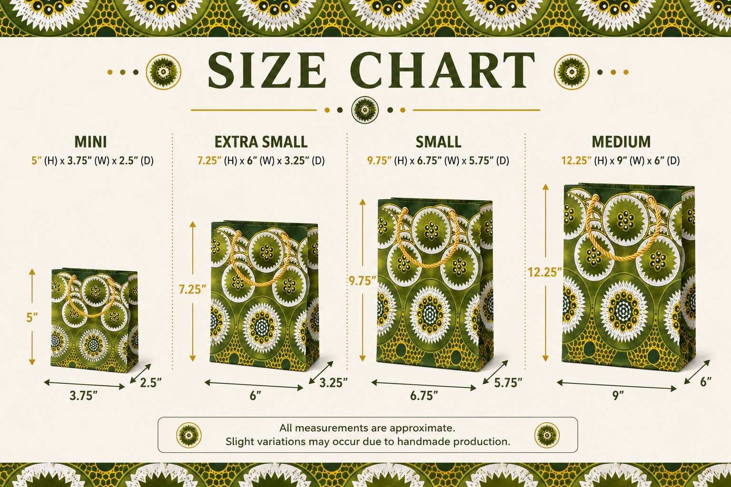 African Wax Print Mini, Extra Small, Small, Medium Gift Bag - Olive Green Dark Green White Gold | Reusable Fabric Gift Wrap | Gezia Accents