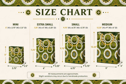 African Wax Print Mini, Extra Small, Small, Medium Gift Bag - Olive Green Dark Green White Gold | Reusable Fabric Gift Wrap | Gezia Accents